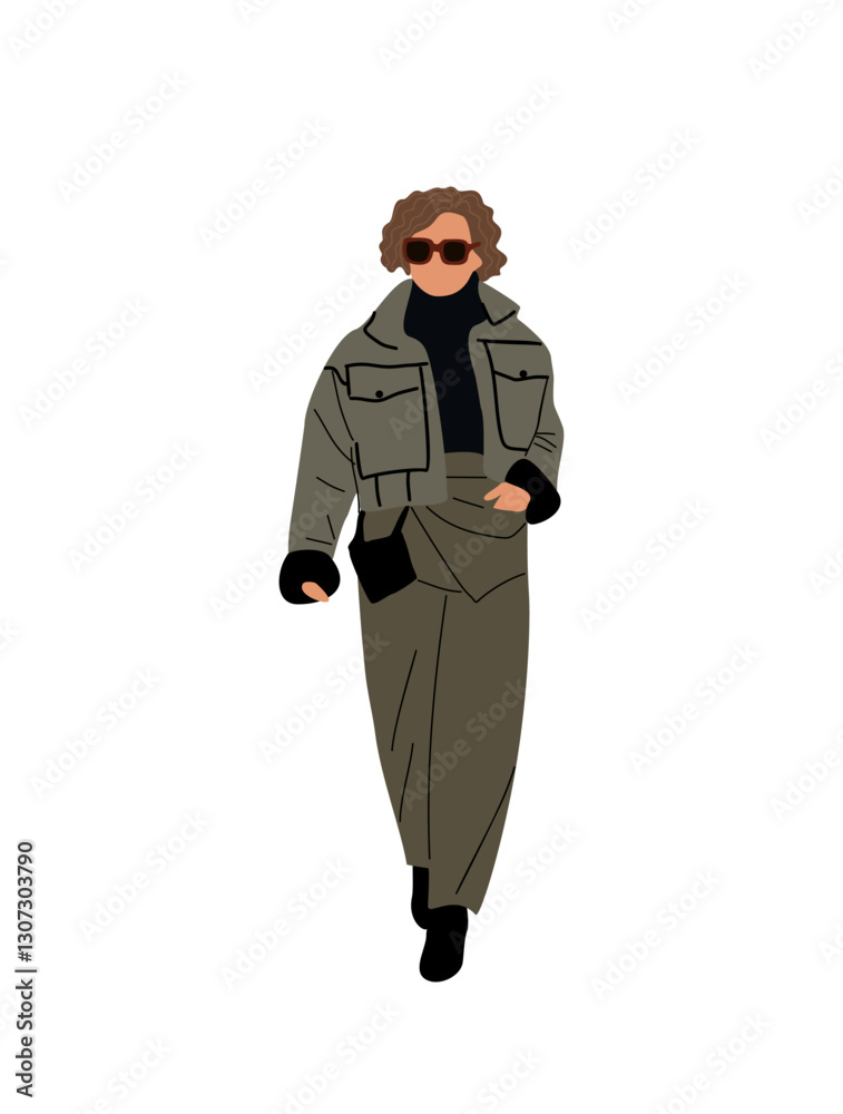 Modern business woman walking in fashionable smart casual autumn outfit. Pretty stylish lady wearing green pants, jacket, sunglasses. Vector realistic illustration Isolated Modern business woman walking in fashionable smart casual autumn outfit. Pretty stylish lady wearing green pants, jacket, sunglasses. Vector realistic illustration Isolated