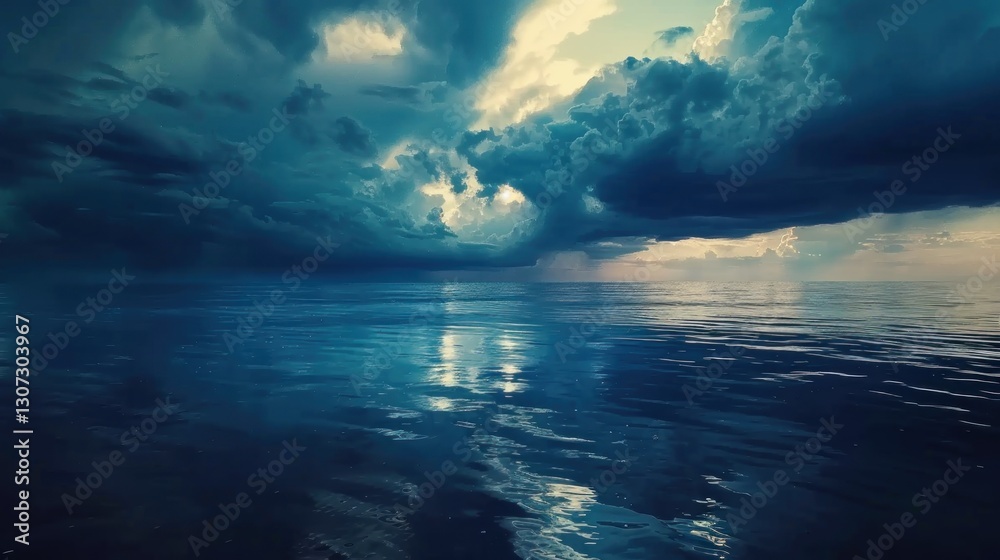 Obraz premium Dramatic dark stormy clouds over a calm tranquil ocean seascape
