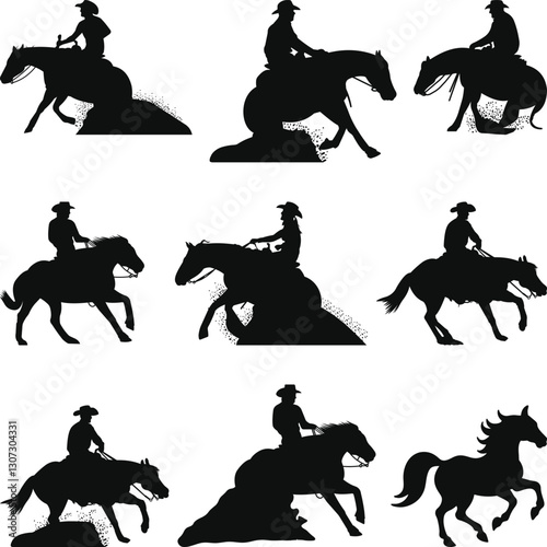 Western Horse Reining Silhouettes, Black and white vector flat illustration Sliding stop reining western horse and rider silhouette photo