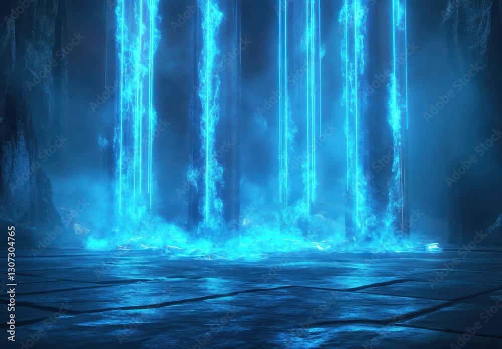 Fototapeta premium Mystical Blue Light Columns Emanating from Dark Cave Floor with Foggy Atmosphere and Reflections in a Surreal Fantasy Environment
