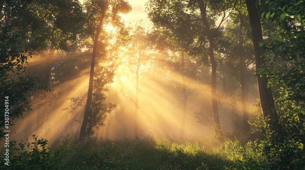Obraz premium Sunlight breaking through trees forest nature photography serene environment low angle tranquility concept