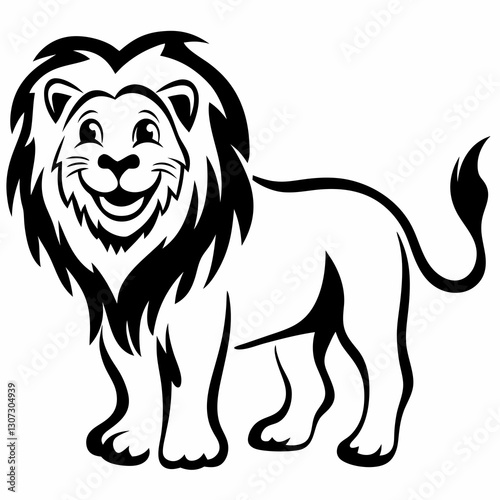 Happy Cartoon Lion Black and White Vector – Smiling Animal Illustration
