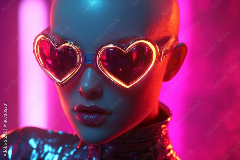 Neon heart glasses on futuristic female model in vibrant lighting Neon heart glasses on futuristic female model in vibrant lighting