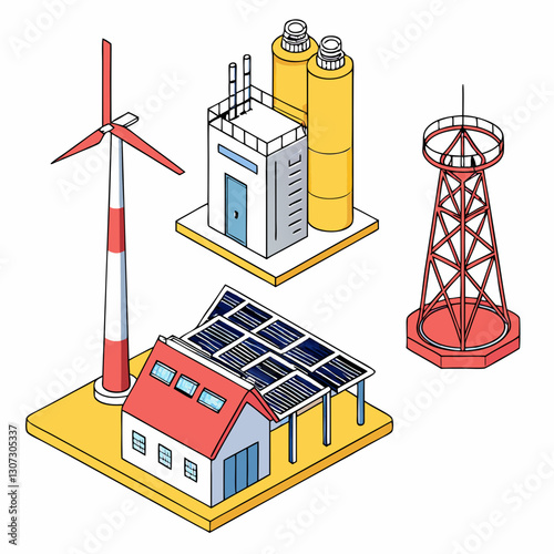 Isometric Renewable Energy Vector Set – Solar, Wind, Battery & Tower

