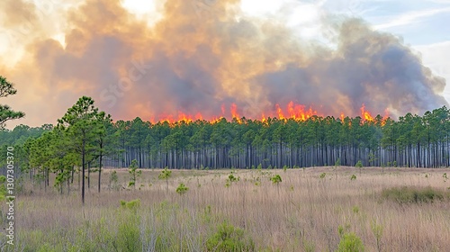 A raging forest fire burns trees and produces large smoke clouds photo