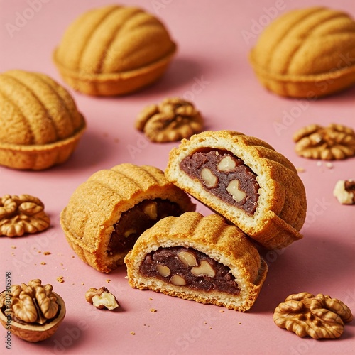 Walnut-Shaped Pastry Filled with Red Bean and Nuts (호두과자) on a Solid Background.