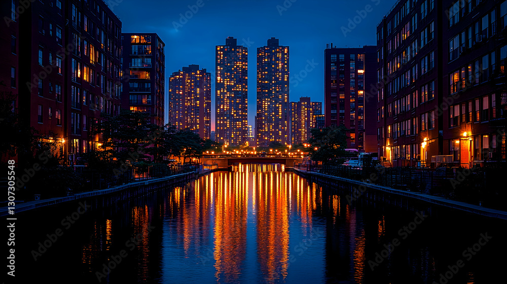 Cityscape at twilight, reflecting in calm canal water. Cityscape at twilight, reflecting in calm canal water.