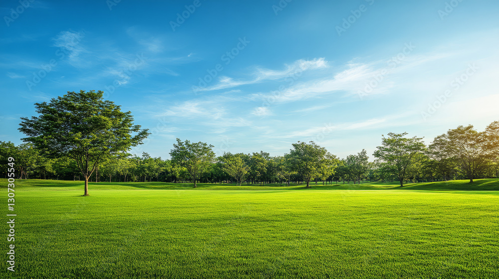 Lush green park landscape with vibrant grass, tall trees, and sunlight filtering through the foliage on a clear blue sky day, perfect for nature backgrounds, relaxation, and outdoor activities Lush green park landscape with vibrant grass, tall trees, and sunlight filtering through the foliage on a clear blue sky day, perfect for nature backgrounds, relaxation, and outdoor activities
