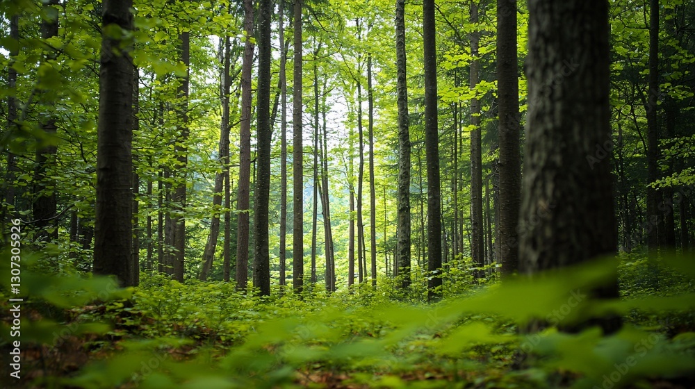 Obraz premium Tall green trees are growing within a sunlit forest scene