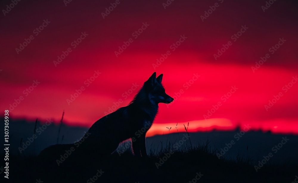 Silhouetted fox sits against a vibrant red sunset. Silhouetted fox sits against a vibrant red sunset.