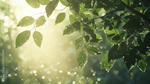 Sunlit leaves glimmering with dew forest nature photography tranquil environment close-up viewpoint freshness concept