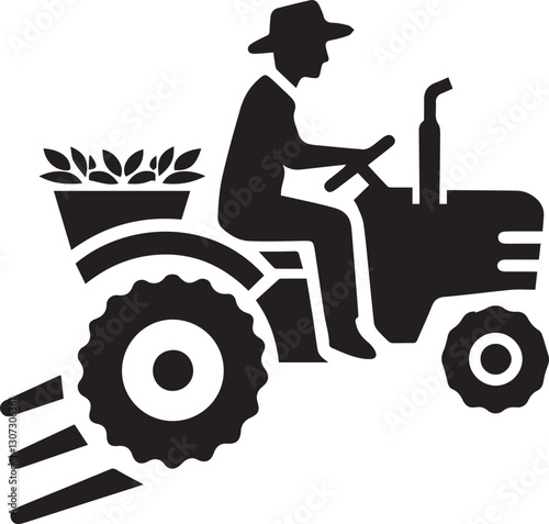 Farmer silhouette with tractor and pitchfork in a farming landscape
