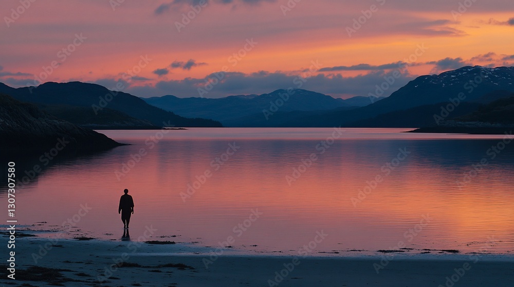Fototapeta premium Solitary figure silhouetted against a vibrant sunset over a calm bay and mountain range.