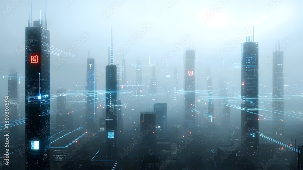Obraz premium Futuristic AI-Powered City Skyline with Glowing Digital Grid and Automated Vehicles