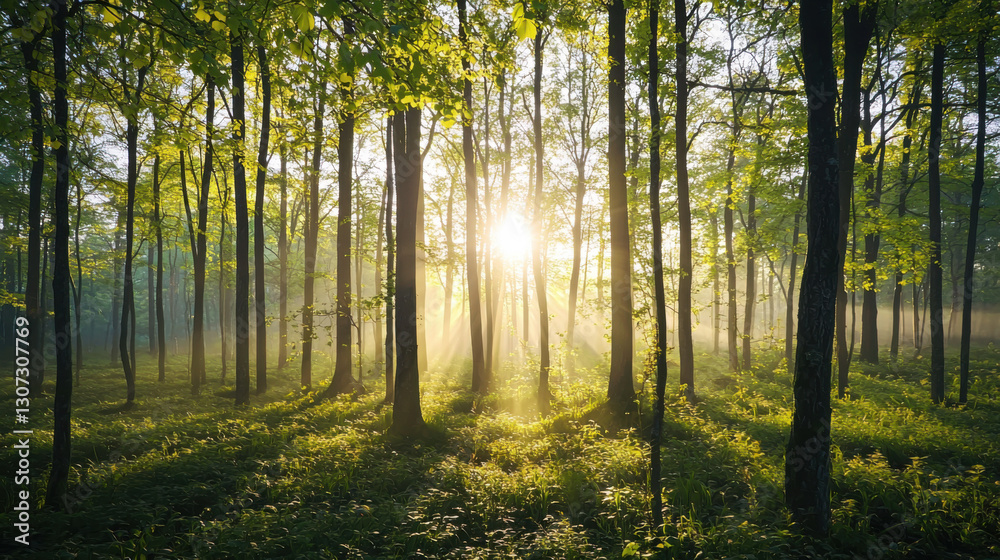 Fototapeta premium Sunlight filtering through trees in a lush forest nature scene tranquil environment morning light