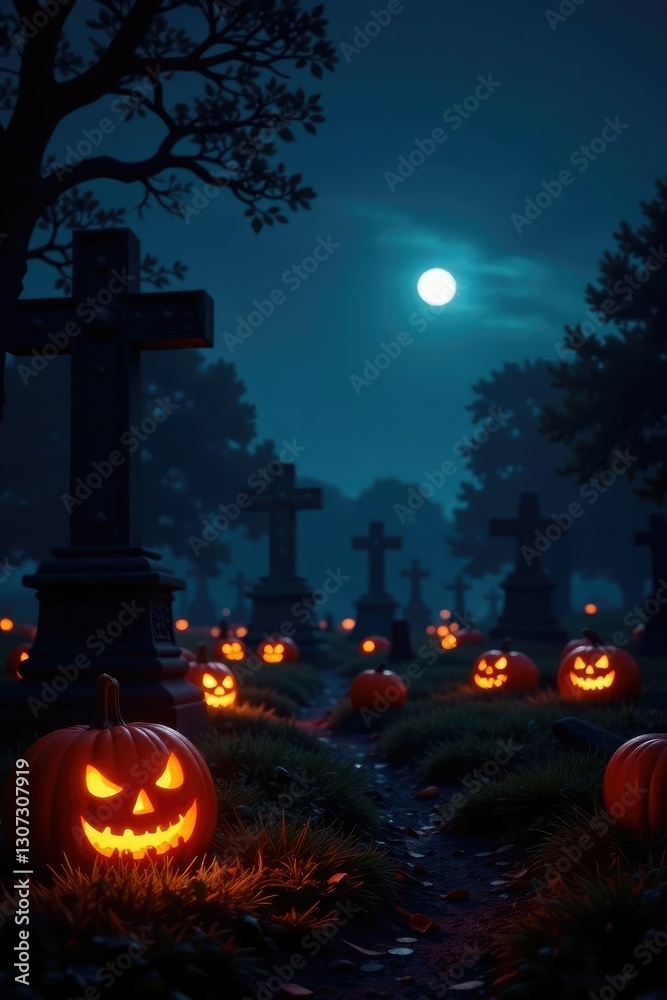 Fototapeta premium Graveyard at dusk with glowing pumpkins and lanterns, moonless night, darkening sky, autumn foliage