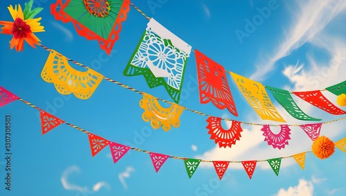 A vibrant and colorful illustration of Papel picado, a traditional Mexican ornamental paper craft, suspended in mid-air, with intricate cut-out designs.