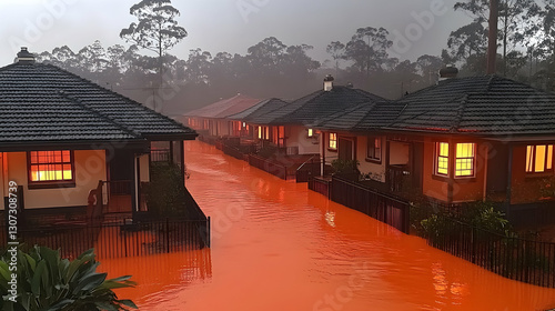 Floodwaters inundate a residential street at night, the water appearing reddish-orange.