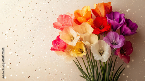 Fototapeta Naklejka Na Ścianę i Meble -  Frezje na jasnym tle, karta z miejscem na życzenia, generative ai 