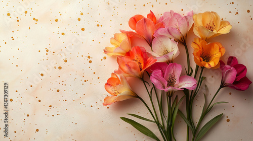 Fototapeta Naklejka Na Ścianę i Meble -  Frezje na jasnym tle, karta z miejscem na życzenia, generative ai 