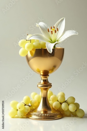 Golden chalice with white winegrape and lily on a pure background, sacred, grape, vessel photo