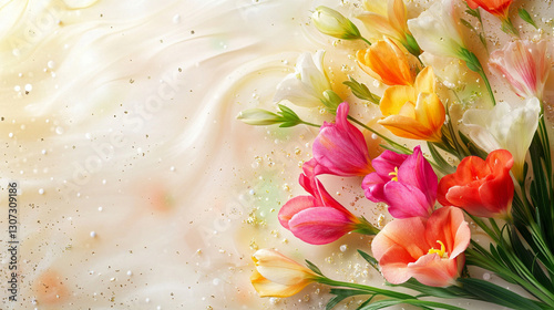 Fototapeta Naklejka Na Ścianę i Meble -  Frezje na jasnym tle, karta z miejscem na życzenia, generative ai 