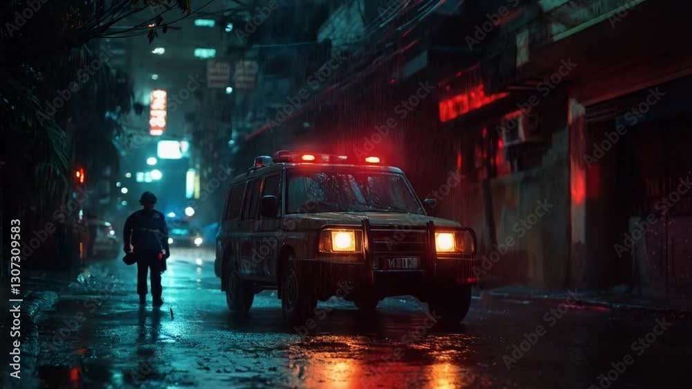 A red and yellow ambulance is driving down a wet street. The scene is dark and rainy. smooth repeating motion for background video animation A red and yellow ambulance is driving down a wet street. The scene is dark and rainy. smooth repeating motion for background video animation