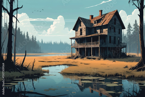In this remote place, abandoned house and wild swamp stand in stark contrast, embodying juxtaposition of human history and untamed wilderness, while evoking a profound sense of time standing still 
