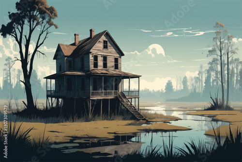 In this remote place, abandoned house and wild swamp stand in stark contrast, embodying juxtaposition of human history and untamed wilderness, while evoking a profound sense of time standing still 