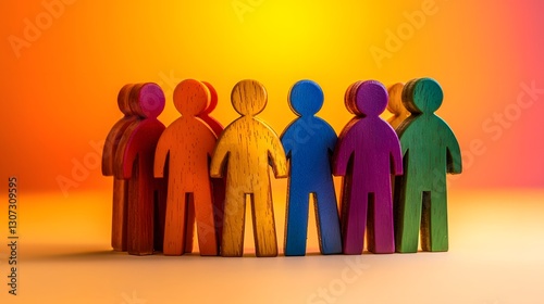 Group of multicolored wooden human figurines standing together symbolizing the concept of diversity against a warm gradient background  This image represents the ideas of inclusion