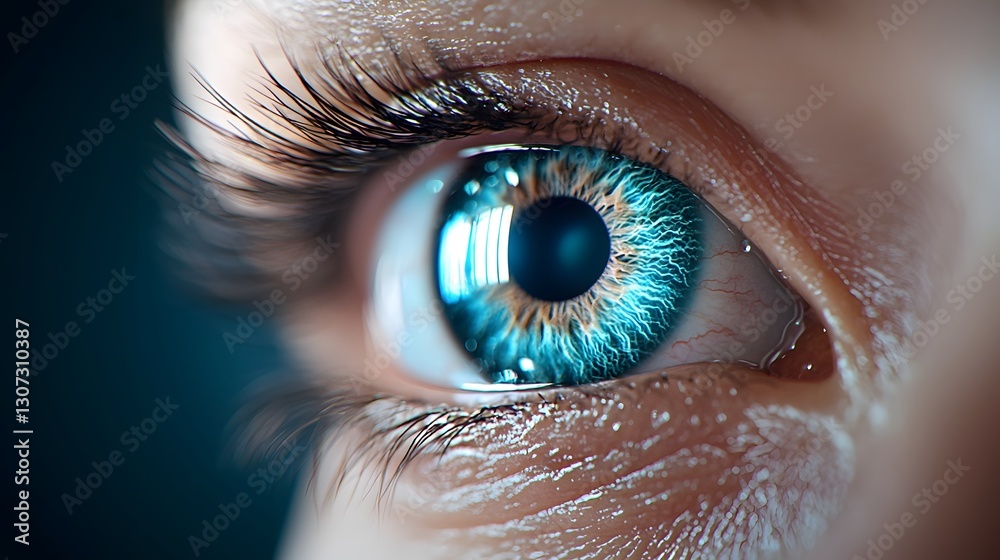 Fototapeta premium Holographic eye chart displaying dynamic vision test patterns visualizing AI driven optical enhancements in a futuristic sci fi tone with a tetradic color scheme