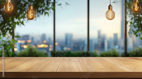 Cozy Interior with Wooden Table and Pendant Lights