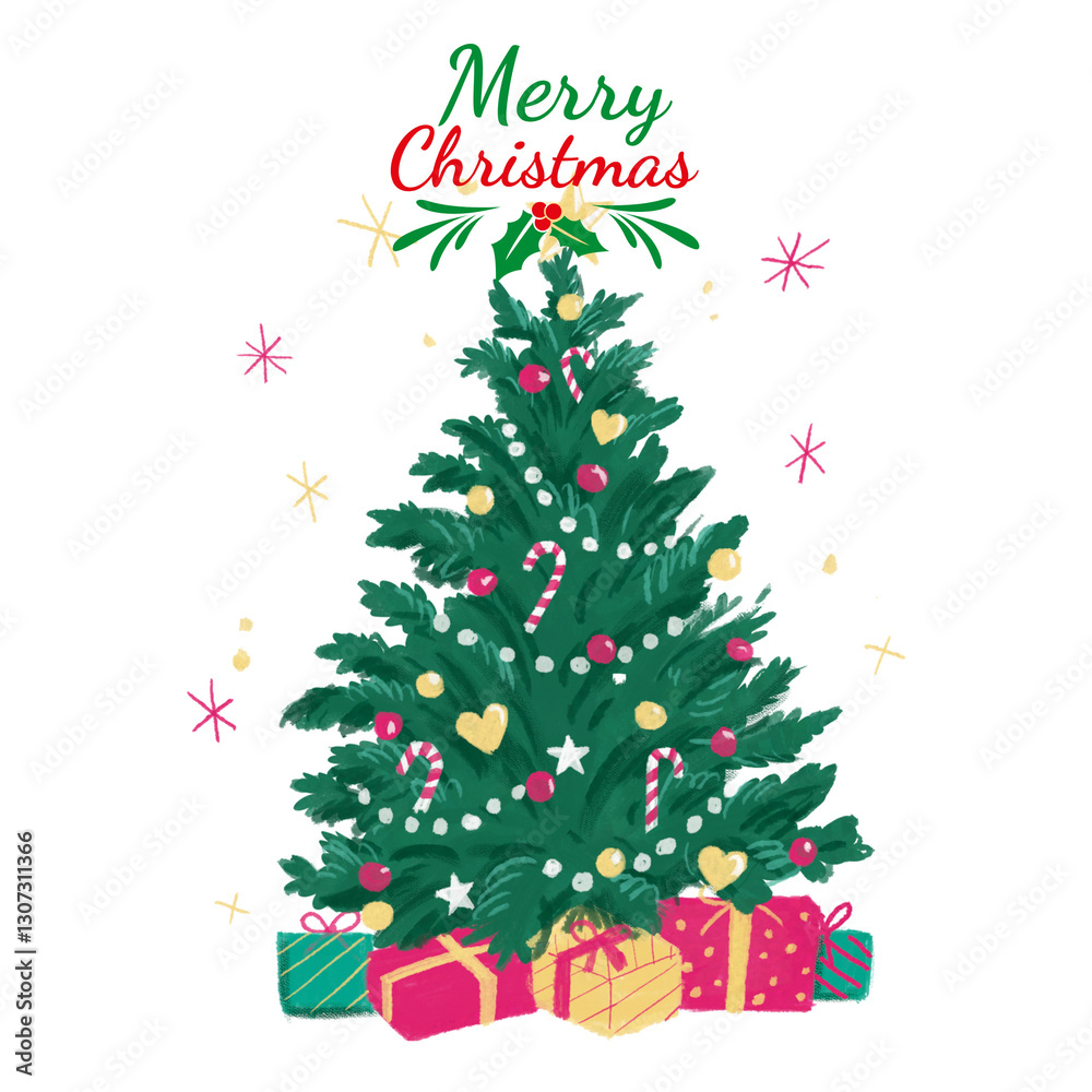 Naklejka premium Merry Christmas with tree and Presents