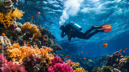 Fototapeta Naklejka Na Ścianę i Meble -  un buzo nadando y explorando junto a un arrecife de coral colorido y vibrante con peces y corales en el mar oceano majestuoso de la naturaleza