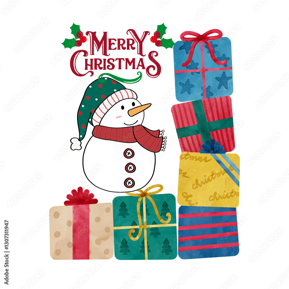 Merry Christmas with snowman and colorful presents Merry Christmas with snowman and colorful presents