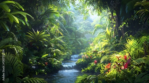Lush tropical rainforest with a small stream flowing through surrounded by vibrant green foliage and exotic flowers  The image depicts a serene natural landscape with a depth of layers and textures