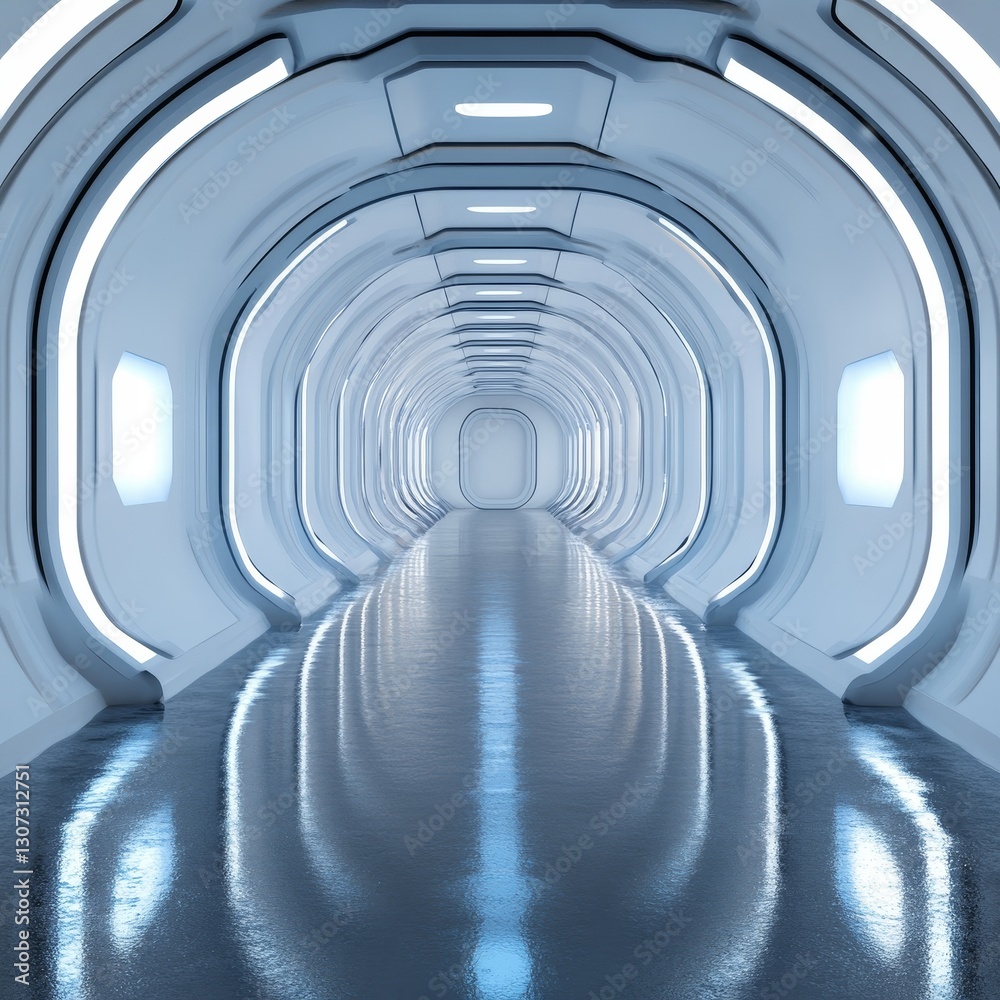 Obraz premium Futuristic Corridor Design - Sleek, modern corridor with glowing lights and reflective floor. Perfect for sci-fi, technology, or futuristic concepts