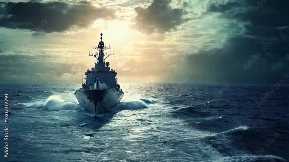 A military ships are sailing in the ocean at sunset. smooth repeating motion for background video animation