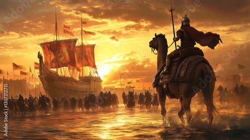 Art Camel Moment Roman Legionaries Sunset Horse Golden