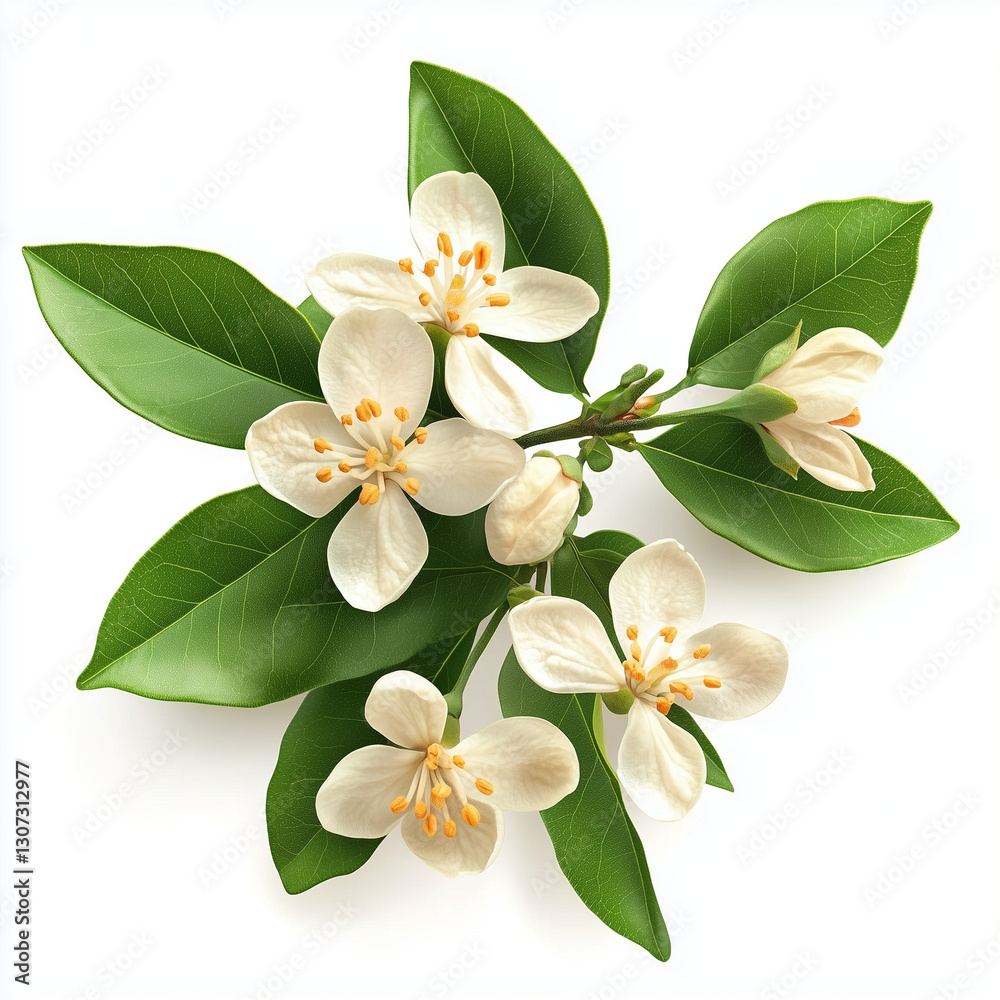Obraz premium Orange blossom with green leaves and delicate floral details on white background