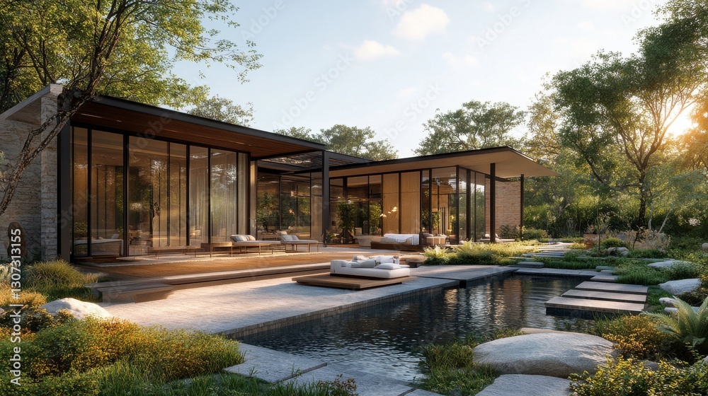 A modern, eco-friendly home surrounded by greenery and a serene pond, showcasing large glass windows and a harmonious connection with nature. A modern, eco-friendly home surrounded by greenery and a serene pond, showcasing large glass windows and a harmonious connection with nature.