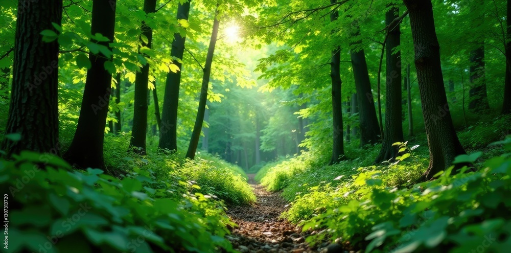 Fototapeta premium Dense foliage with green leaves and branches in a forest clearing, forest clearing, greenery