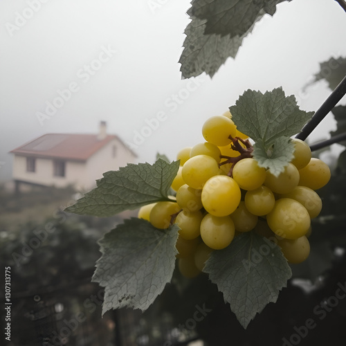 Ripe white grape cluster hanging from vine with green leaves in vineyard, with blurred rustic farmhouse in background, bathed in warm sunlight, representing wine production and autumn harvest season