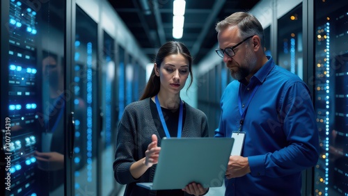 Man and woman looking at laptop in server room