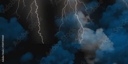 Lightning strikes in sky. Strong thunder storm in black clouds. Fork lightning striking down during summer storm. Marble texture, decorative dark stone. Blue neon.


