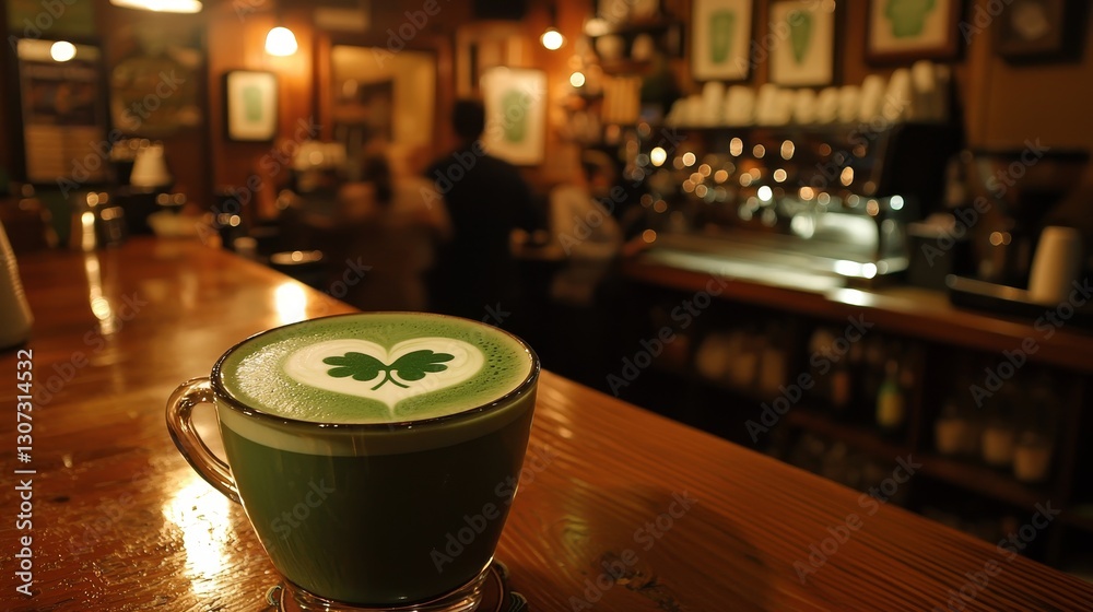 Obraz premium Savoring a cozy irish experience green shamrock latte art in dublin food photography warm atmosphere close-up view