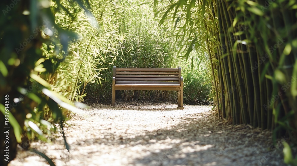 Wooden bench sits in a tranquil bamboo grove pathway. Wooden bench sits in a tranquil bamboo grove pathway.