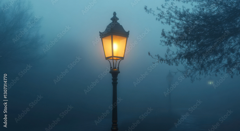 In the early dawn, a Victorian gas lamp casts a warm glow through dense fog, creating a serene and mystical atmosphere In the early dawn, a Victorian gas lamp casts a warm glow through dense fog, creating a serene and mystical atmosphere