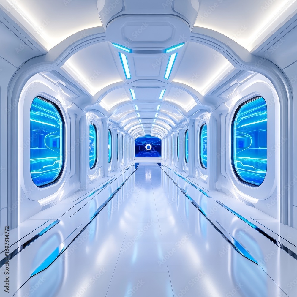 Obraz premium Futuristic Spaceship Corridor Panorama - Abstract futuristic technology, sleek design, glowing blue lights, clean lines, and a sense of movement. Symbolizing innovation, progress, travel, exploration