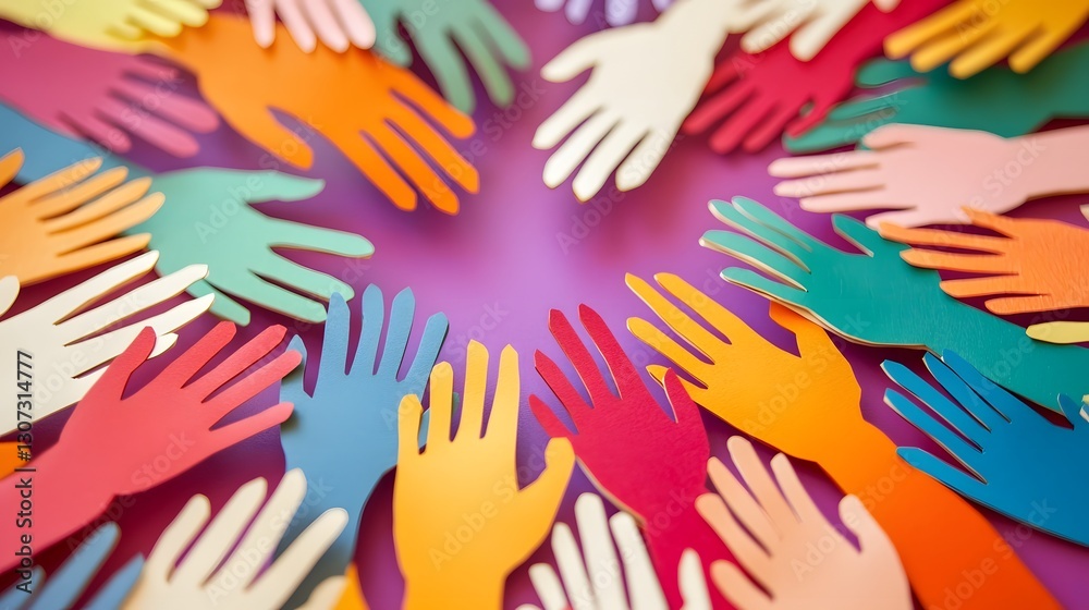 Fototapeta premium Vibrant and Positive Circular Pattern Composed of Multicolored Handcut Paper Hands on a Bright and Colorful Background Symbolizing Unity Community and